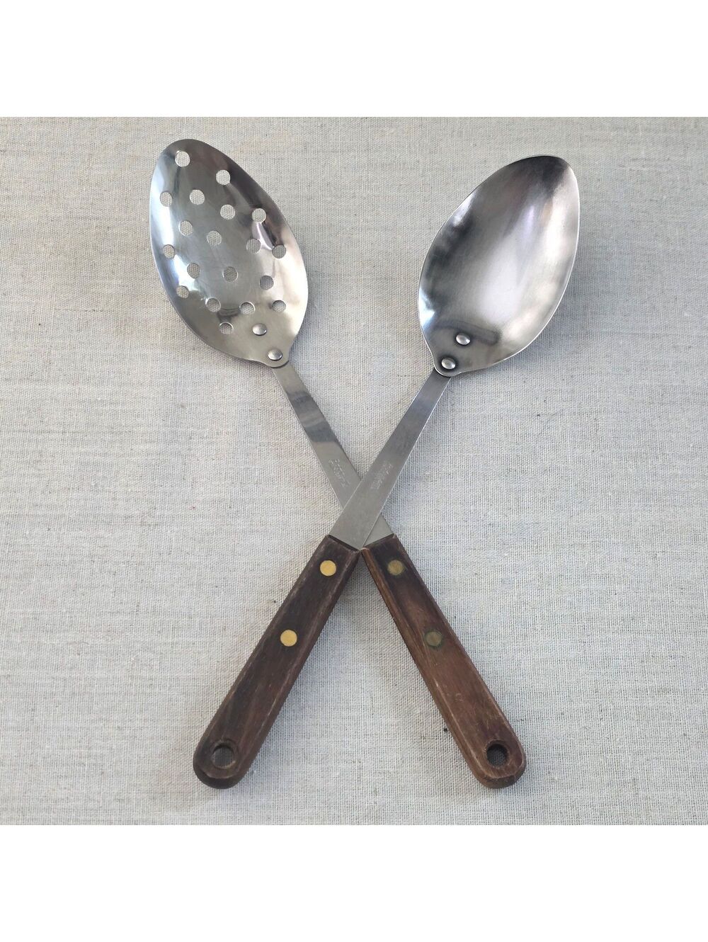 Vintage Robinson Stainless Steel Serving Spoon Slotted Spoon Wood Handle Set